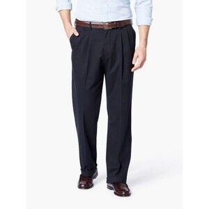 Dockers Comfort Khaki Pants Mens 38x30 Navy Relaxed Pleated Cuffed Stretch NEW